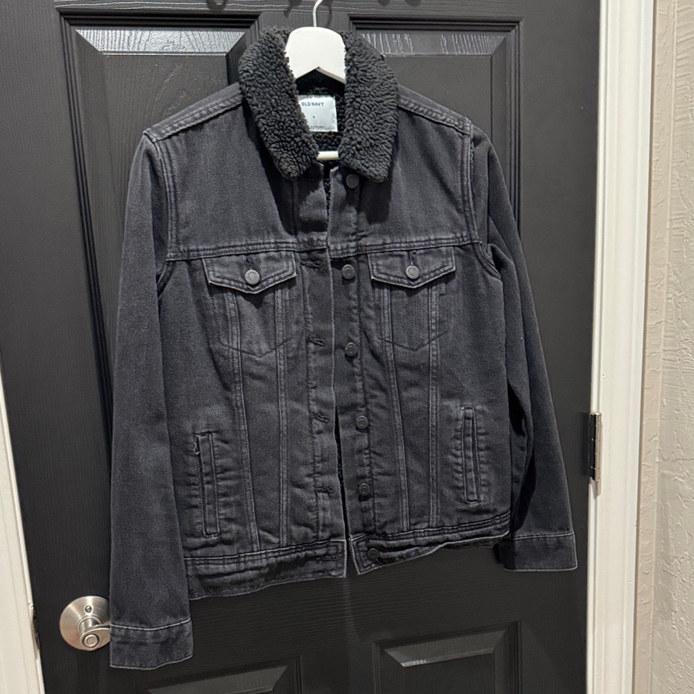 Old Navy Charcoal Denim Jacket with Fleece Collar